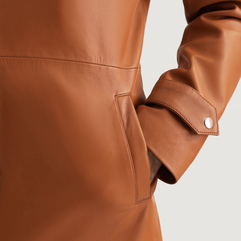 Mens Infinity Tan Brown Leather Coat Close-Up-9-1701087687427